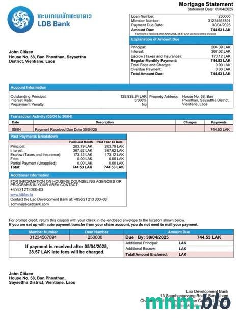 Laos Bank Rozwoju Laosu wyciąg z kredytu hipotecznego szablon Word i PDF